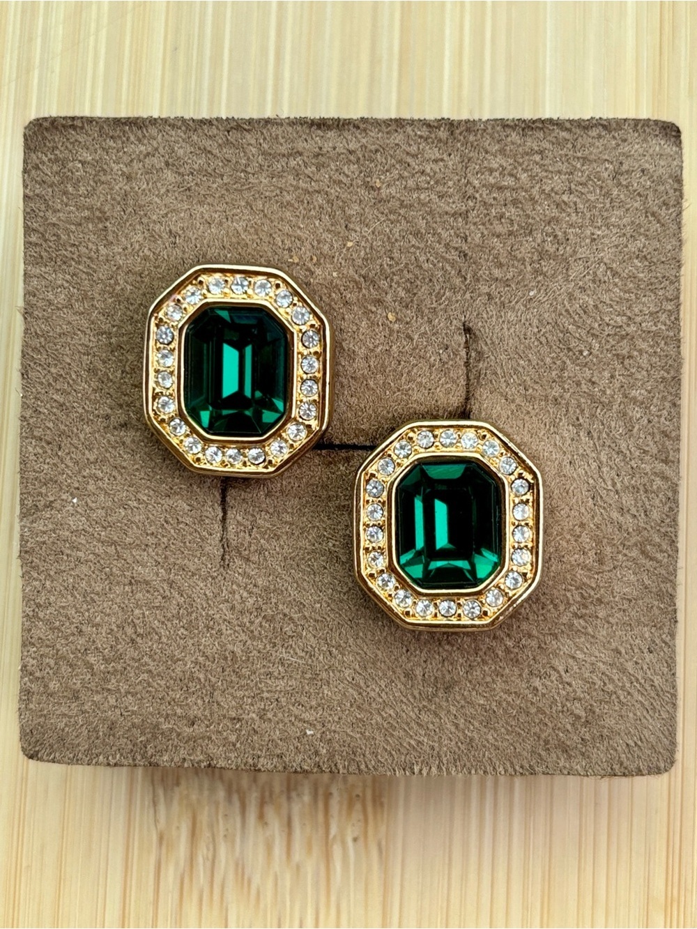 Swarovski SAL Gold Tone & Emerald Green White Crystals Octagon Clip On Earrings